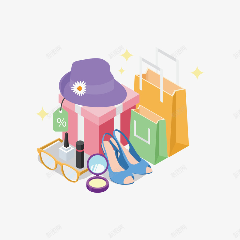 购物矢量图ai免抠素材_新图网 https://ixintu.com png素材 免费png素材 帽子 手提袋 眼镜 矢量素材 购物 鞋 矢量图
