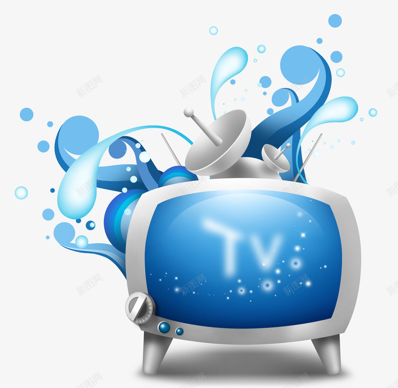 创意电视机png免抠素材_新图网 https://ixintu.com 天线 电视机 科技感 蓝色 蓝色花纹