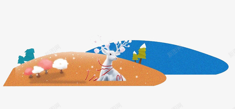 中国风水彩山坡图png免抠素材_新图网 https://ixintu.com 中国风 创意 卡通 古风 山坡 手绘 粉色树木 蓝色 麋鹿
