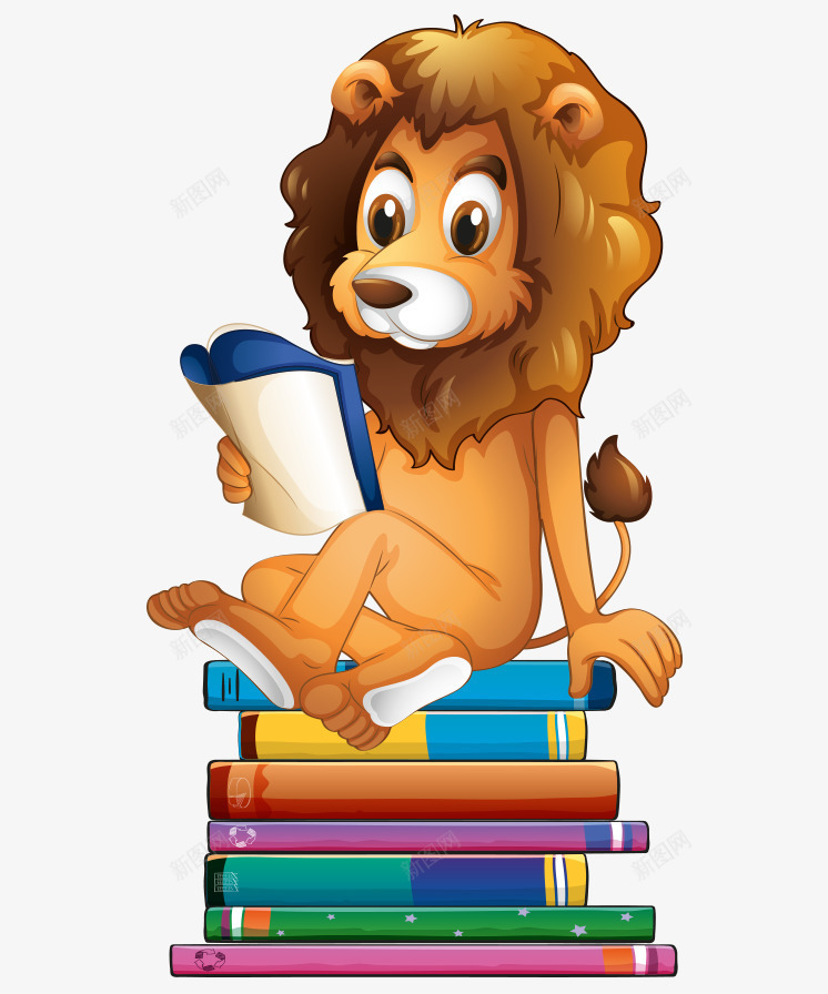 卡通手绘可爱狮子坐书籍上看书矢量图ai免抠素材_新图网 https://ixintu.com 卡通的动物 可爱的狮子 坐书籍上的狮子 手绘的狮子 看书的狮子 矢量图