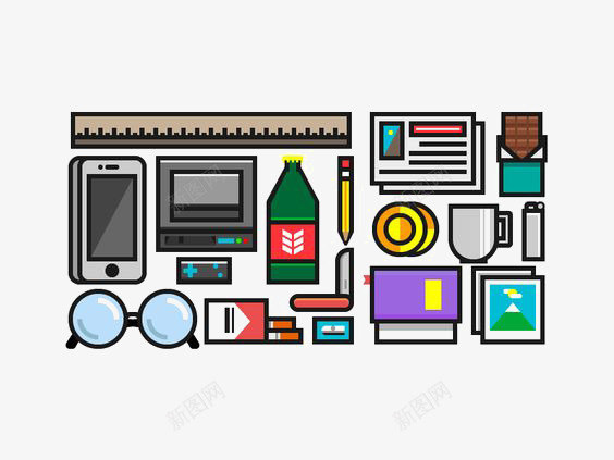 扁平化办公工具png免抠素材_新图网 https://ixintu.com 咖啡杯 尺子 报纸 电脑 眼镜