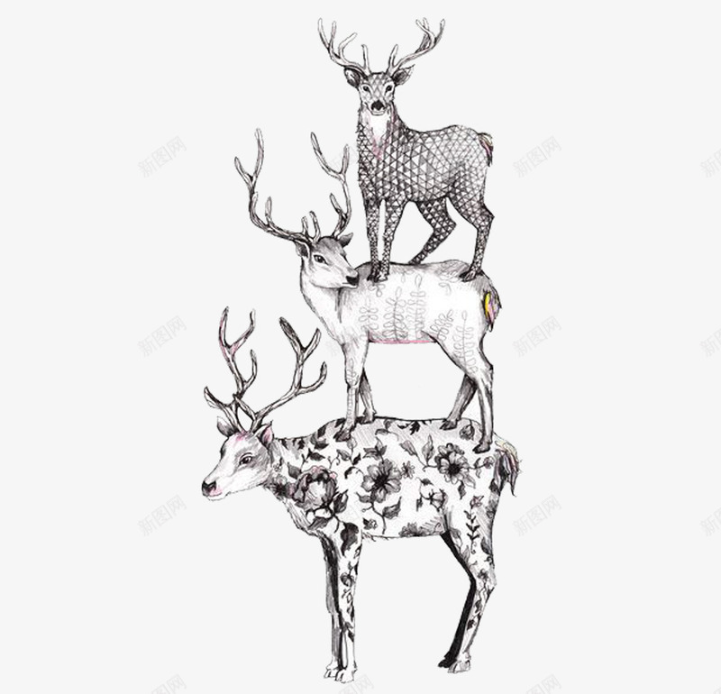 三只叠加在一起的鹿png免抠素材_新图网 https://ixintu.com 手绘 驯鹿 鹿 黑白