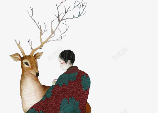 和风装饰画png免抠素材_新图网 https://ixintu.com 和风 服饰 红色 麋鹿
