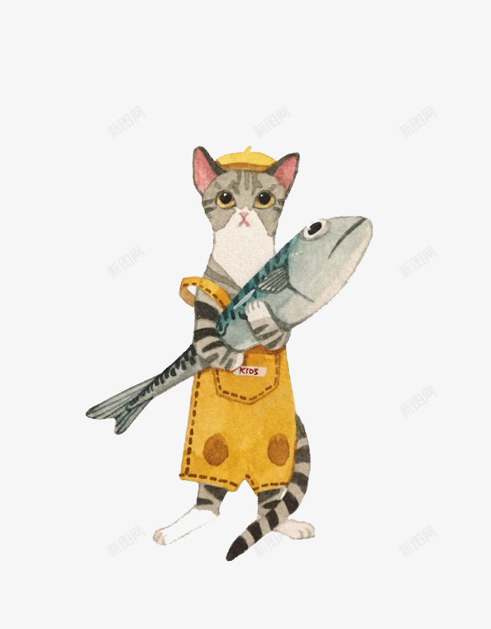 黄色拿鱼猫咪psd免抠素材_新图网 https://ixintu.com 猫咪 简约 鱼 黄色