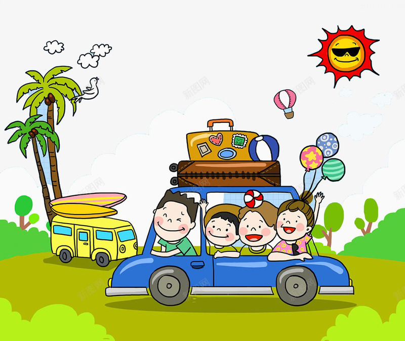 一起去旅行png免抠素材_新图网 https://ixintu.com 全家 气球 行李 车 车载行李