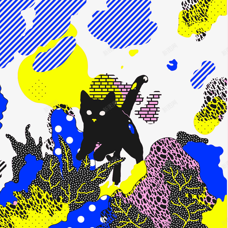 彩绘图案中的猫咪png免抠素材_新图网 https://ixintu.com 创意图案 彩色绘图 黑色的猫咪