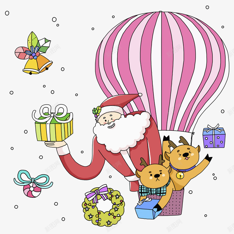 圣诞老人在热气球上送礼物png免抠素材_新图网 https://ixintu.com 创意 可爱 圣诞礼物 圣诞老人 小麋鹿 手绘 热气球 送礼物