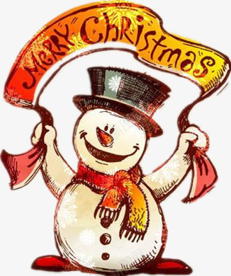 手绘的雪人png免抠素材_新图网 https://ixintu.com 可爱的雪人 圣诞快乐 英文 金色条幅