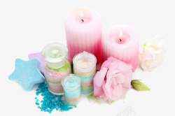 粉色蜡烛与彩色浴盐素材
