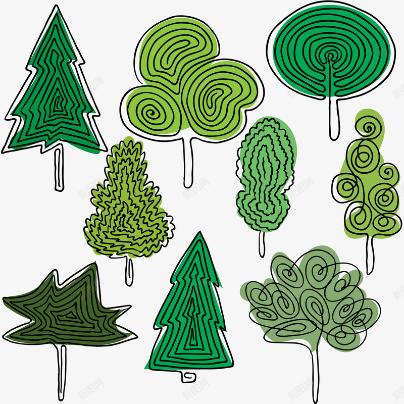 抽象线条手绘绿色树木png免抠素材_新图网 https://ixintu.com 抽象线条 松树 树木 绿植 绿色树木