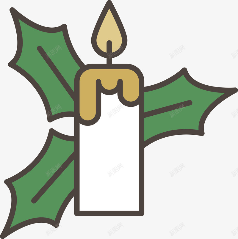 圣诞蜡烛标图标png_新图网 https://ixintu.com 卡通蜡烛 圣诞节 彩色底纹 扁平化 矢量图案 绿色叶子