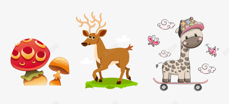卡通动物png免抠素材_新图网 https://ixintu.com 保护动物 动物 动物园 卡通 可爱 奶牛 小动物 羚羊 蝴蝶
