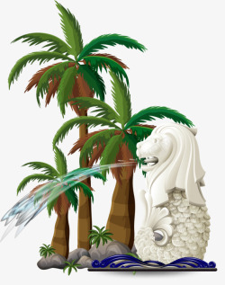 白色石狮子手绘椰子树高清图片
