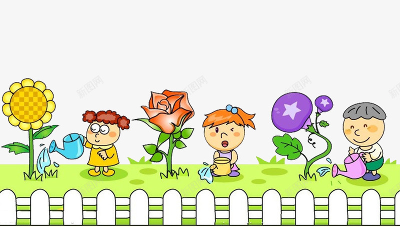 向日葵png免抠素材_新图网 https://ixintu.com 儿童卡通人物形象 儿童浇花 劳动节素材 卡通花园