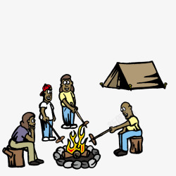 围在一起烤火搭帐篷的一家人素材