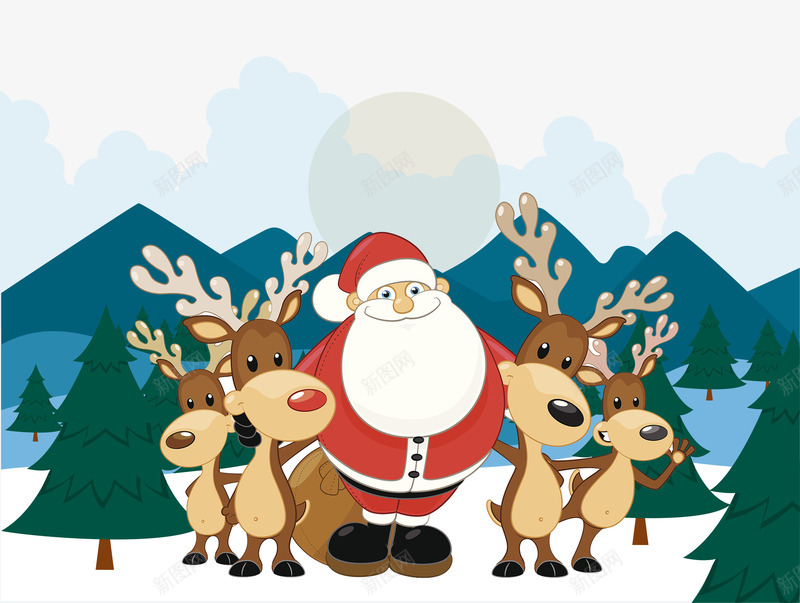 卡通圣诞老人和麋鹿psd免抠素材_新图网 https://ixintu.com 卡通 圣诞老人 圣诞老人和四只麋鹿 圣诞节 松树 麋鹿