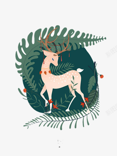 美丽的麋鹿png免抠素材_新图网 https://ixintu.com 唯美 树叶 装饰 野草 麋鹿