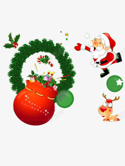 欢乐的圣诞老人png免抠素材_新图网 https://ixintu.com 圣诞树环 礼物袋 红色 绿色