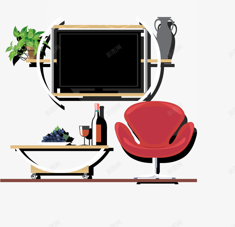 现代家装png免抠素材_新图网 https://ixintu.com 电视 绿植 茶几 转椅