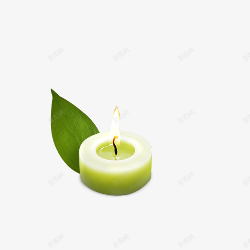 绿色蜡烛png免抠素材_新图网 https://ixintu.com 树叶 火源 火苗 烛光 绿色蜡烛 蜡烛
