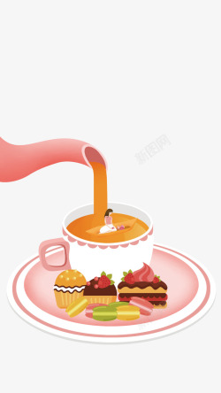 卡通手绘杯子泡好的茶手绘茶壶高清图片