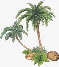 手绘绿色椰树美景素材