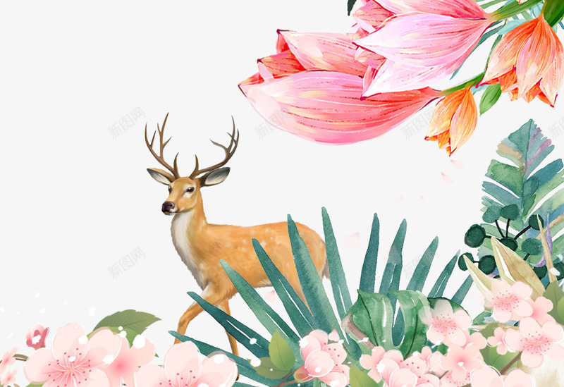 卡通手绘动物园的麋鹿psd免抠素材_新图网 https://ixintu.com 免抠麋鹿 动物园的麋鹿 卡通 手绘 粉色的花朵 草丛