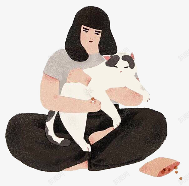 抱着猫的女孩png免抠素材_新图网 https://ixintu.com 坐着 宠物 白猫 盘腿