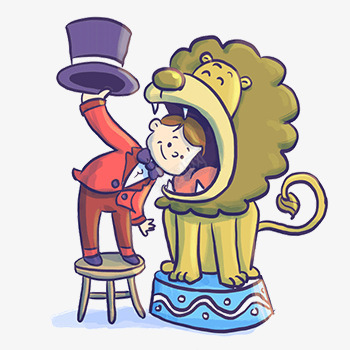 长大嘴的狮子和驯兽师psd免抠素材_新图网 https://ixintu.com 帽子 彩色 狮子 表演 驯兽师