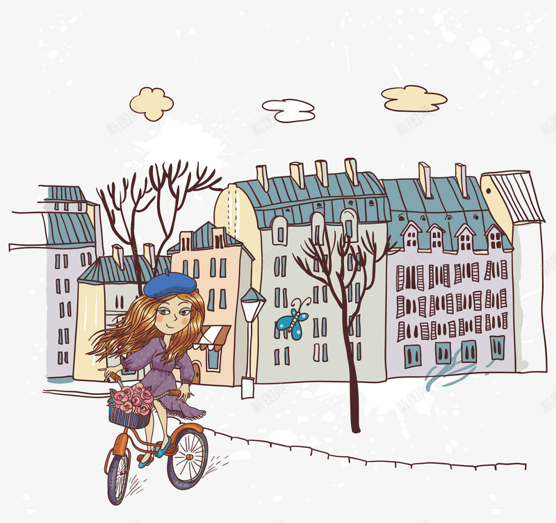 手绘骑车的女孩png免抠素材_新图网 https://ixintu.com 云朵 可爱 城市 女孩 马路