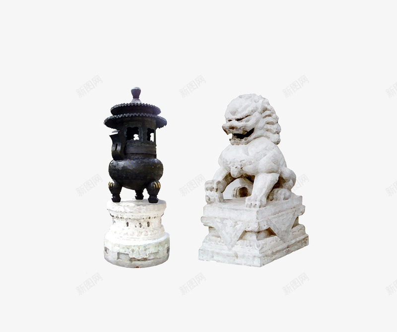 雕塑香炉和石狮子png免抠素材_新图网 https://ixintu.com 古典 园林 景观 雕塑
