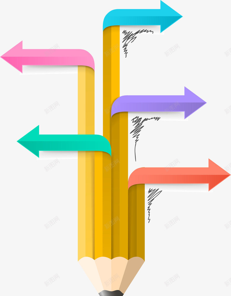 学习用品铅笔png免抠素材_新图网 https://ixintu.com 创意铅笔 多彩条幅 多彩箭头 学习用品 水彩 黄色铅笔
