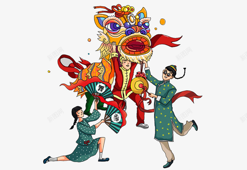 舞狮子插画png免抠素材_新图网 https://ixintu.com 中国风 创意 小女孩 插画 舞狮子