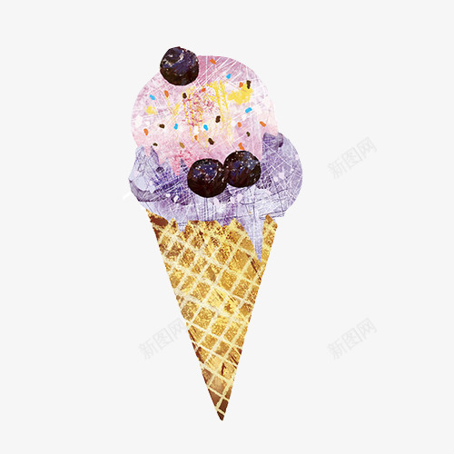 蓝莓冰淇淋手绘画片psd免抠素材_新图网 https://ixintu.com 冰淇淋 冷饮 奶油 色彩画 蓝莓味 蛋筒