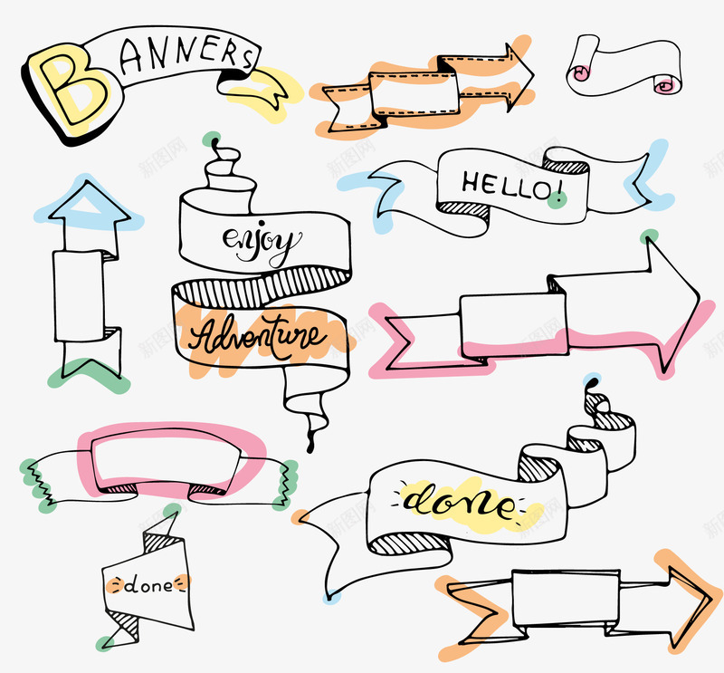 手绘丝带条幅png免抠素材_新图网 https://ixintu.com 丝带 卡通箭头 彩带 文案背景 条幅 箭头符号