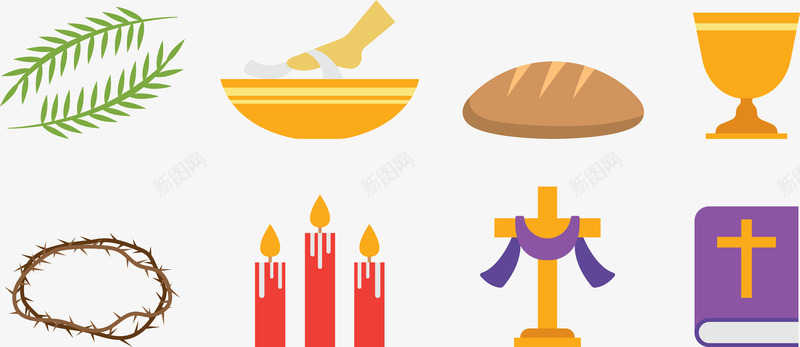 教堂用品png免抠素材_新图网 https://ixintu.com 十字架 圣经 杯子 烛火 绿色树叶 蜡烛 面包