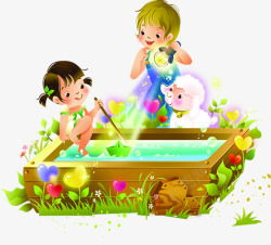 池塘元素人物温馨池塘玩耍儿童高清图片