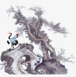 松树白鹤水墨晕染水墨画高清图片