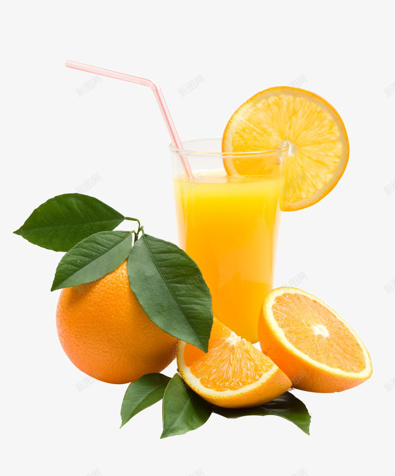 好喝的橙汁png免抠素材_新图网 https://ixintu.com 一瓣 吸管 杯子 橙子 橙子片 绿叶