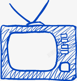 手绘蓝色线条老式黑白电视素材