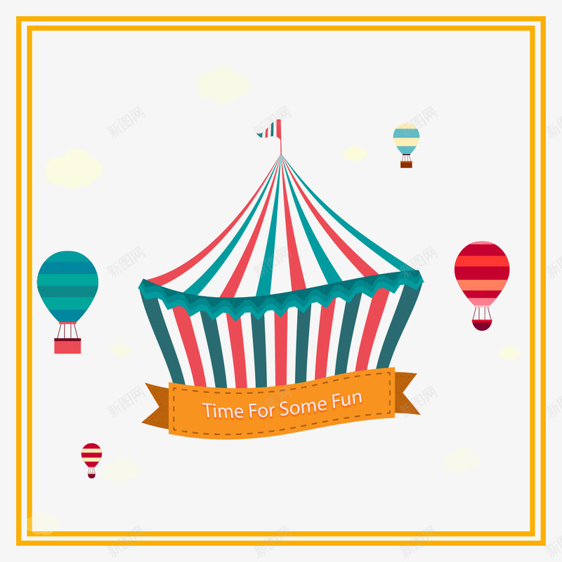 马戏团帐篷和热气球png免抠素材_新图网 https://ixintu.com 丝带 云朵 帐篷 条幅 热气球 马戏团