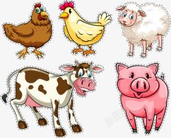 奶牛与母鸡手绘卡通动物高清图片