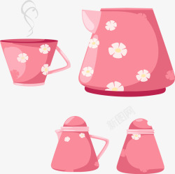 粉色茶壶茶壶和杯子矢量图高清图片