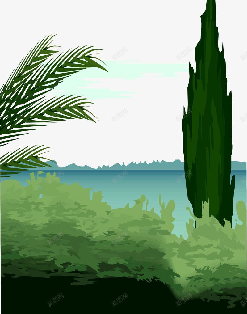 绿色风景png免抠素材_新图网 https://ixintu.com 山 树 树林 椰树 水 清新 湖 湖景 湖面 矢量素材 绿树 绿色 自然 风景