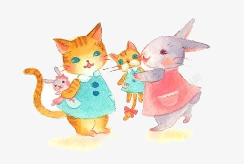 手绘水彩绘画动物猫咪兔子png免抠素材_新图网 https://ixintu.com 兔子 动物 手绘 水彩 猫咪 绘画