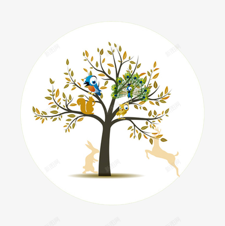 大树和动物png免抠素材_新图网 https://ixintu.com 动物 树叶 猫头鹰 麋鹿