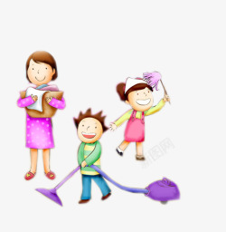 儿童和家长一起大扫除素材