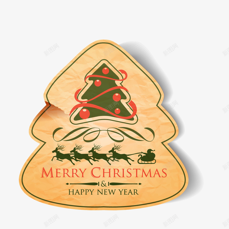 树形圣诞小标签png免抠素材_新图网 https://ixintu.com 圣诞树 彩带 新年快乐 木纹底纹 麋鹿牵着圣诞老人