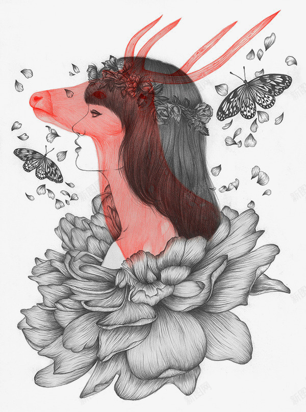 女孩插画png免抠素材_新图网 https://ixintu.com 写实 女孩 素描 红色麋鹿 花朵