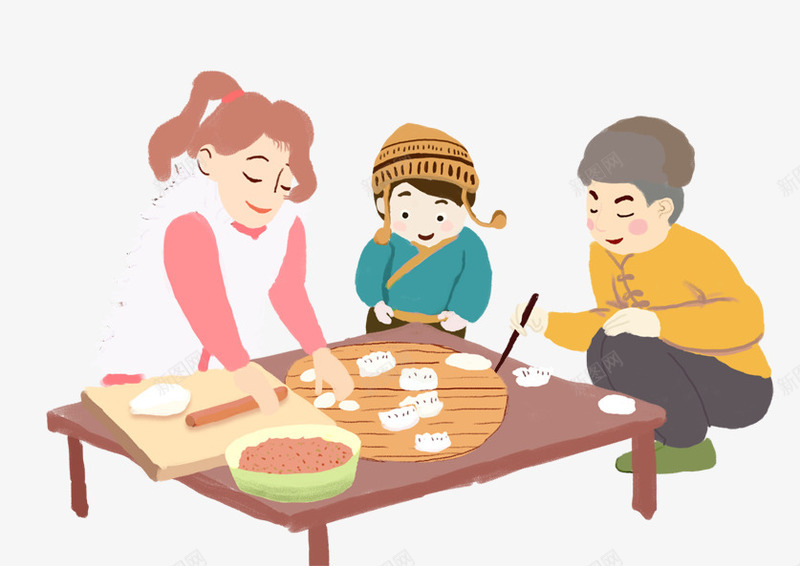 卡通手绘包饺子的一家人png免抠素材_新图网 https://ixintu.com 包饺子 卡通 团圆 团聚 家人 彩色 手绘 聚餐